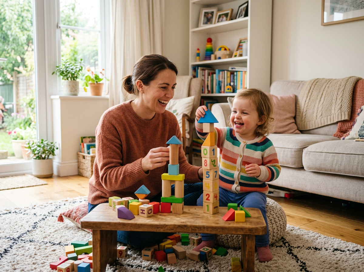 Happy parent and toddler playing together with wooden toys